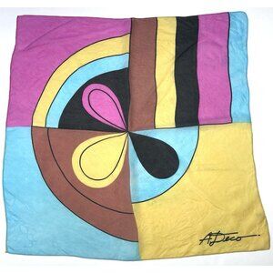 VTG 1969 TRI-STATE DISPLAY 26" Square Aqua Pink Yellow Mod SCARF A Deco Japan